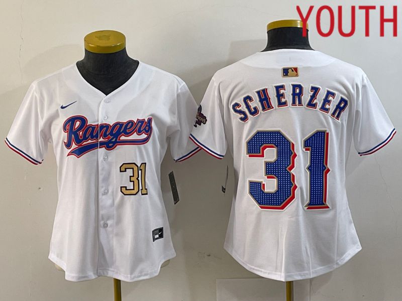 Youth Texas Rangers #31 Scherzer White Champion Game Nike 2024 MLB Jersey style 3